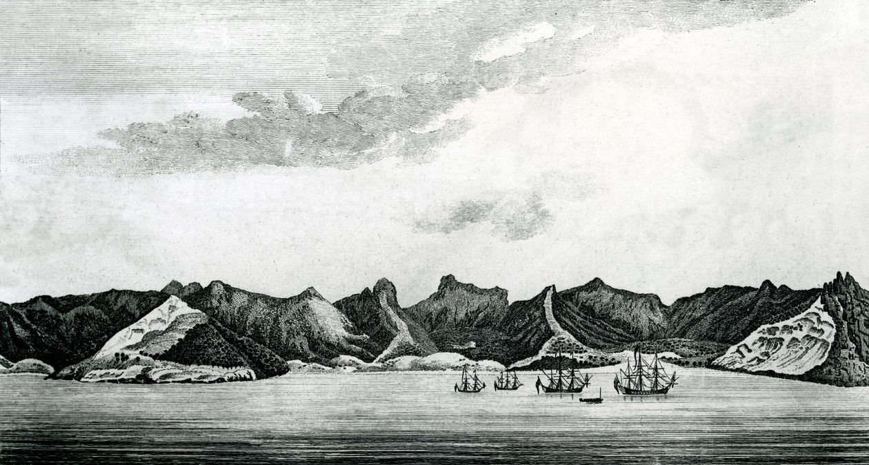 Ansicht der Cumberland Bay auf der Insel Juan Fernandes, ca. 1745 (Gravur) von J. S. Mason