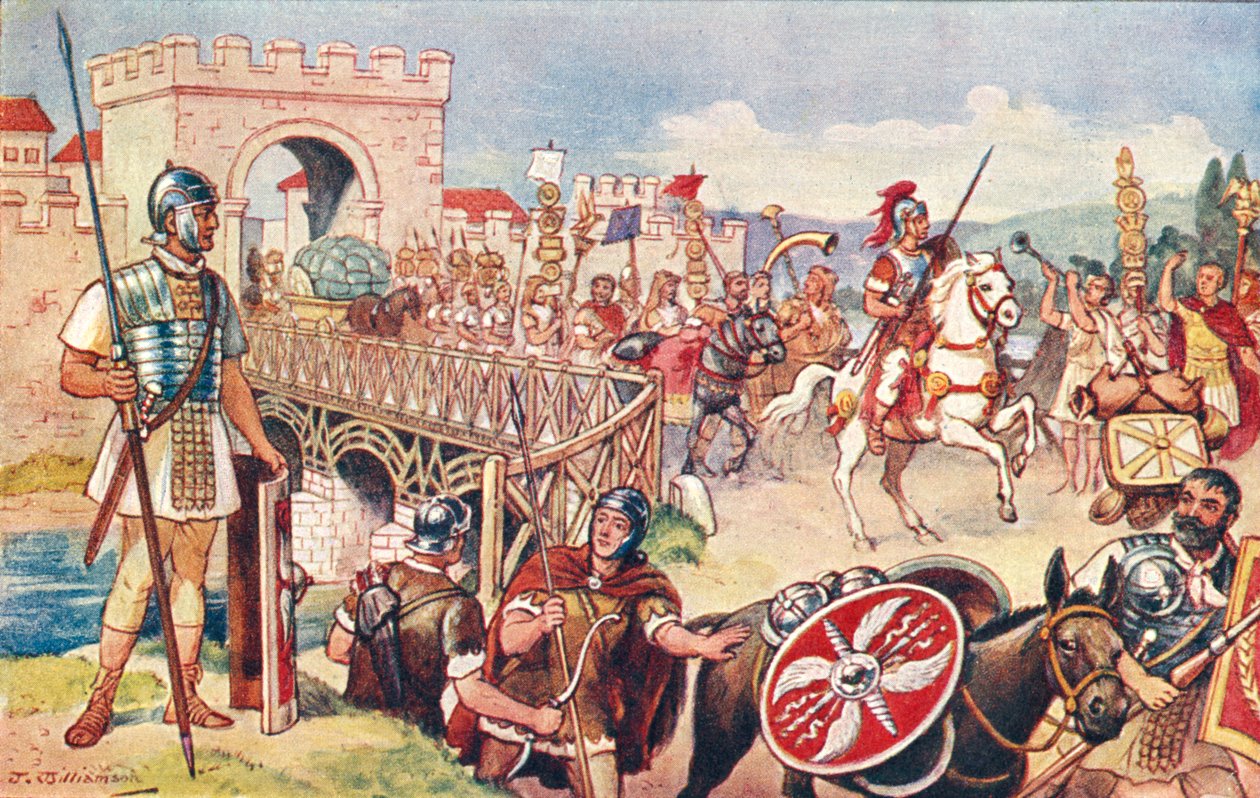 Das Römische Reich - eine Kolonne von Soldaten überquert eine Brücke von J. Williamson