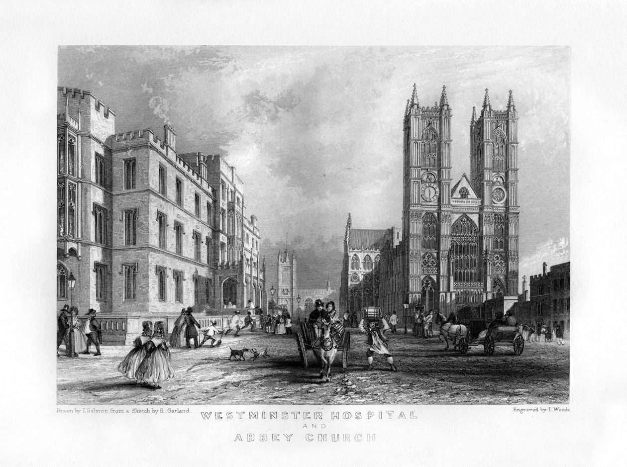 Westminster Hospital und Abteikirche, London, 19. Jahrhundert von J. Woods