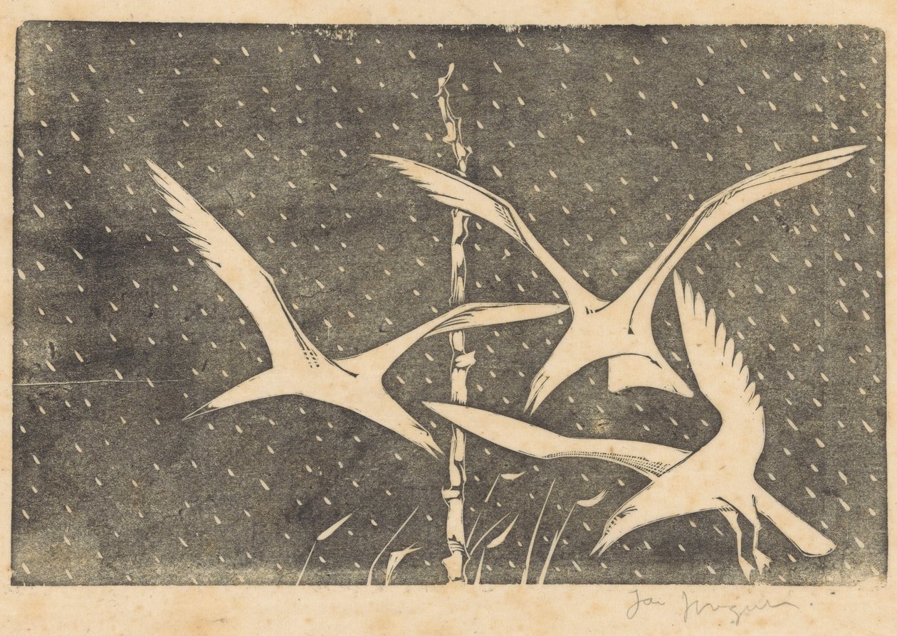 Drei Vögel fliegend im Regen von Jac Jongert (signed by artist)
