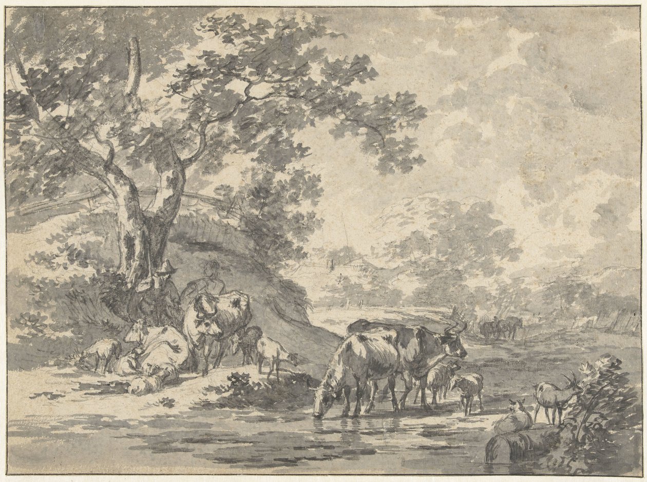 Landschaft mit Hirte und Vieh unter Baum am Wasser von Jacob  Cats