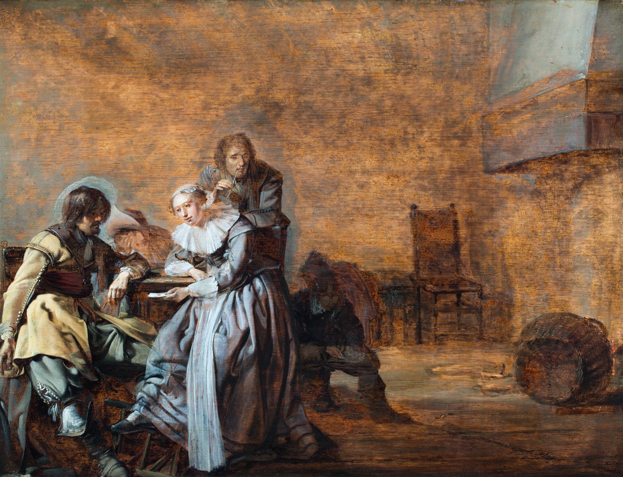 Ein Interieur mit Kavaliere und einer Frau beim Kartenspiel von Jacob Duck