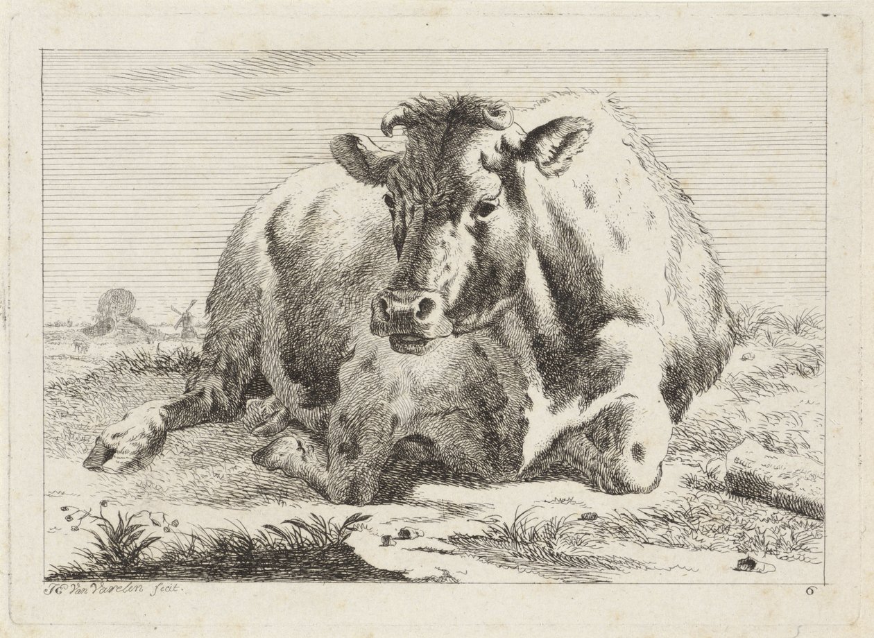 Liegende Kuh (Sechs Drucke nach Zeichnungen verschiedener Meister) von Jacob Elias van Varelen