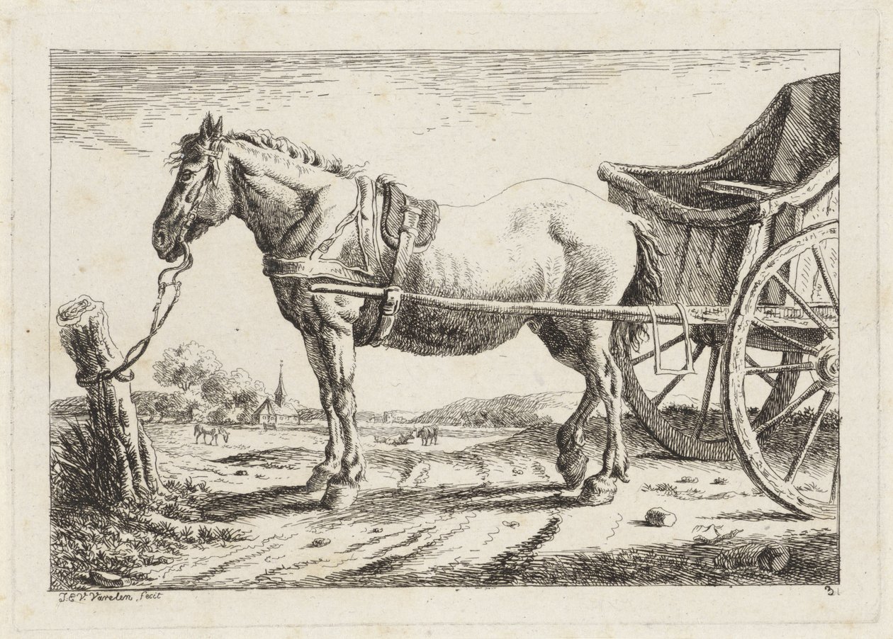 Stehendes Pferd, vor einen Wagen gespannt von Jacob Elias van Varelen