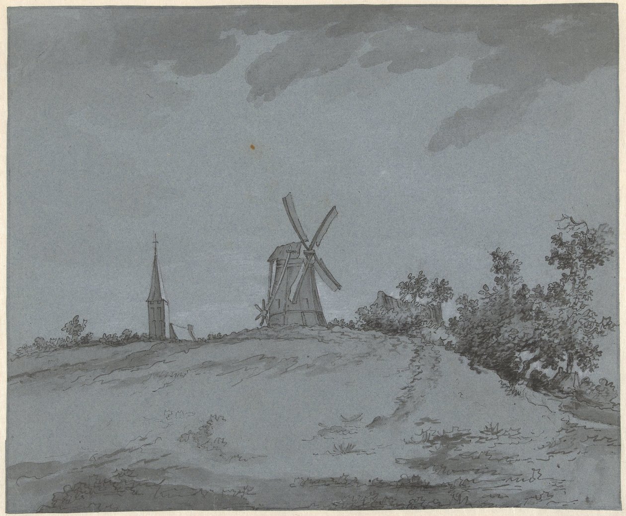 Landschaft mit Windmühle und Kirche auf einem Hügel von Jacob Ernst Marcus