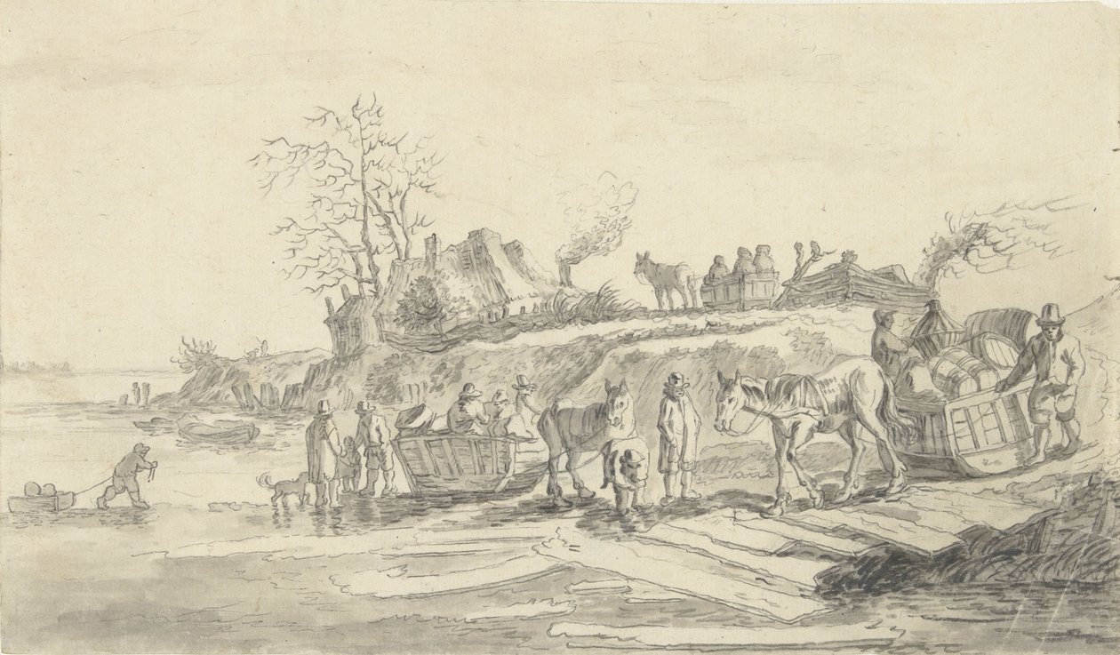 Schlittenfahren am Ufer eines zugefrorenen Flusses von Jacob Ernst Marcus