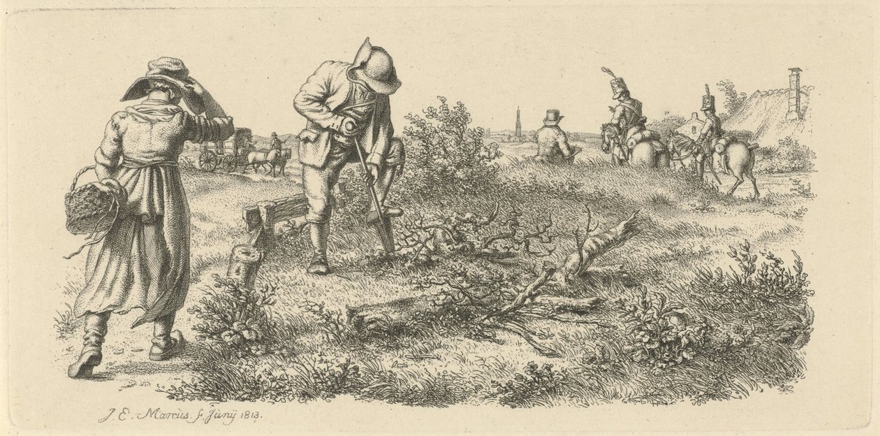 Grabender Mann, eine Frau mit einem Korb und Soldaten zu Pferd von Jacob Ernst Marcus