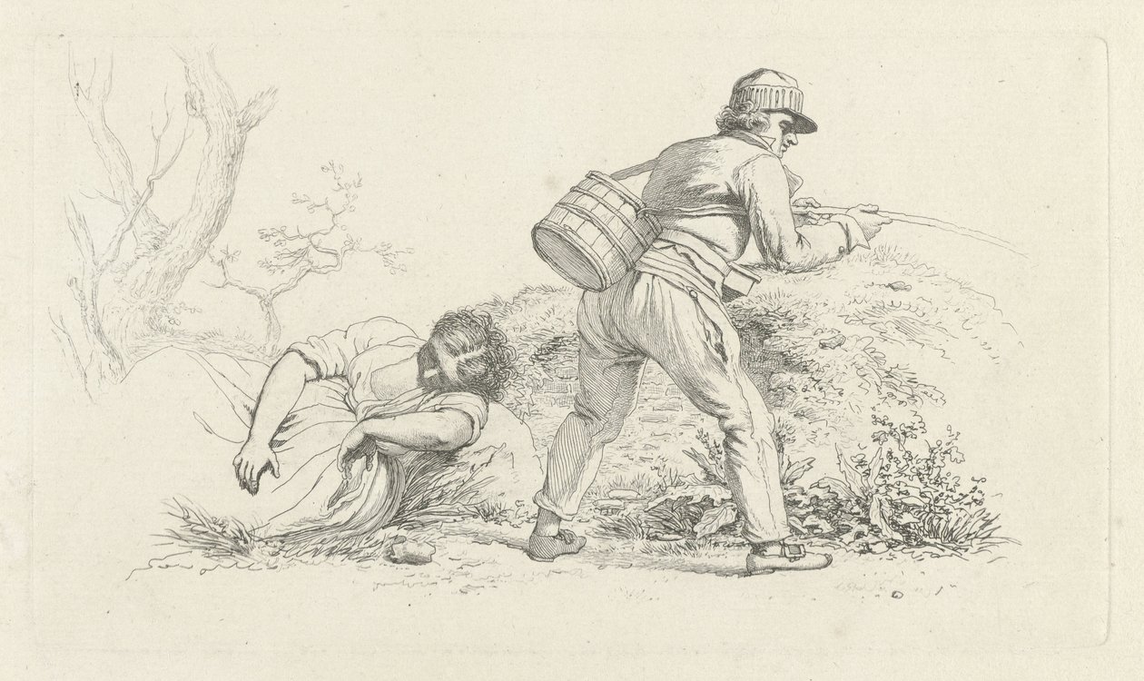 Studienblatt mit einer schlafenden Frau und einem Angler von Jacob Ernst Marcus
