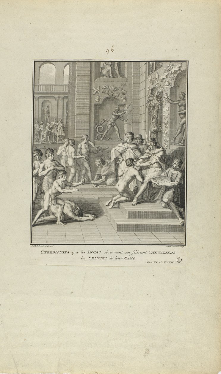 Zeremonien, die die Inkas beim Rittermachen der Prinzen ihres Blutes beobachten (aus dem Buch, Histoire des Yncas...etc.) von Jacob Folkema