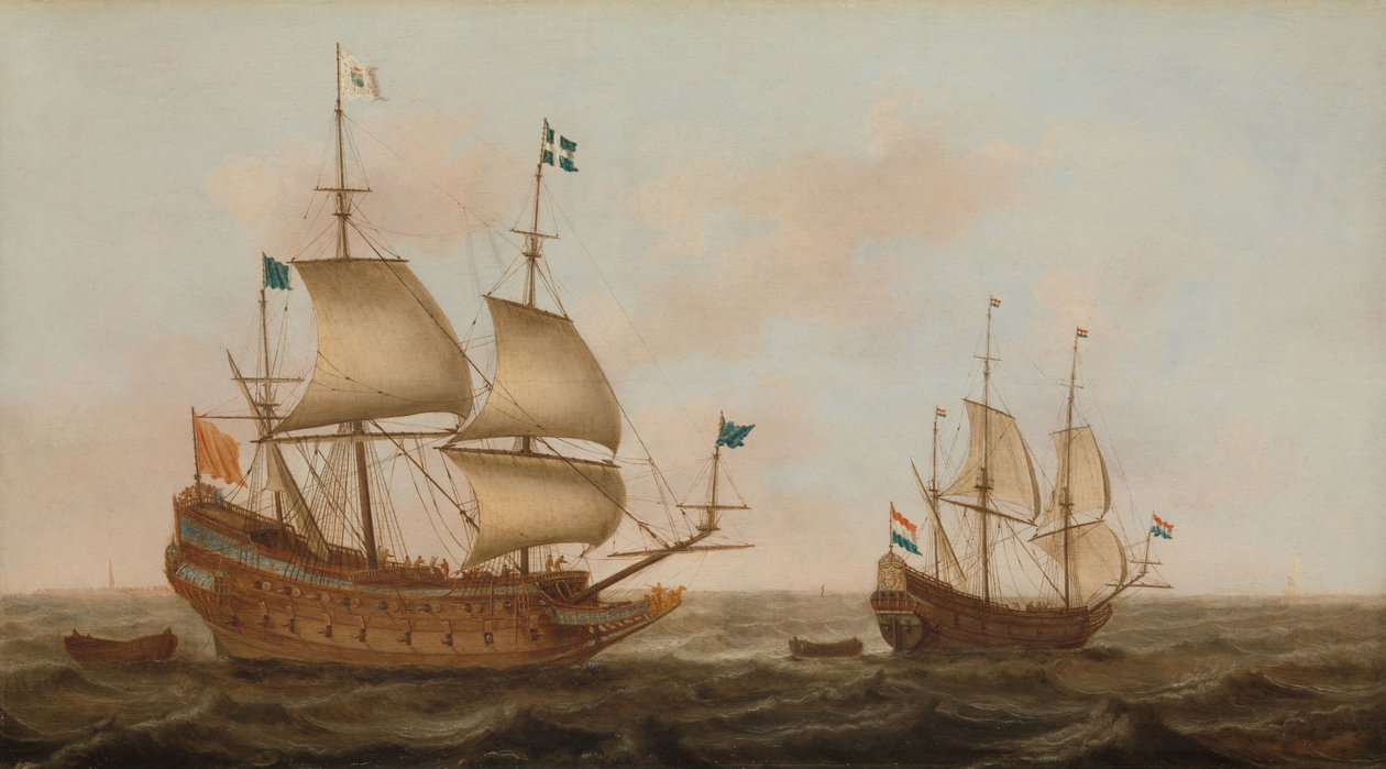 Ein für Frankreich gebautes Kriegsschiff und eine niederländische Yacht unter Segel von Jacob Gerritz Loef