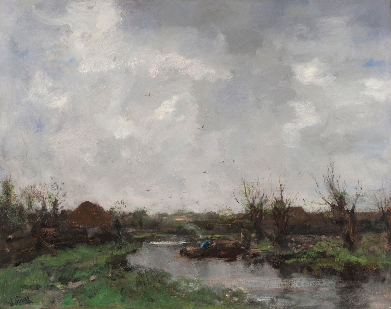 Eine Flusslandschaft mit Bauernhäusern, späte 1870er Jahre von Jacob Henricus or Hendricus Maris