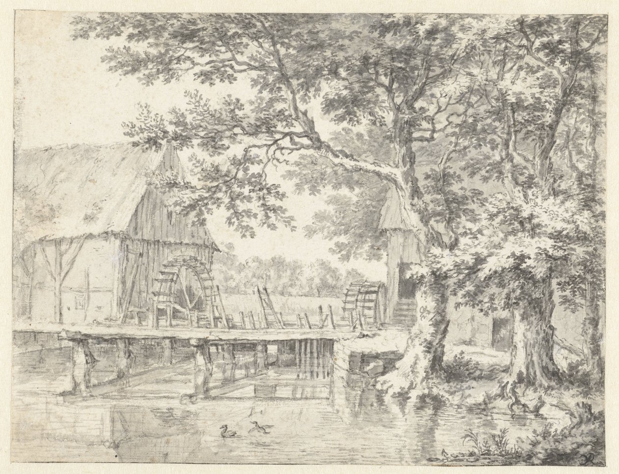 Ansicht von zwei Wassermühlen, die eine Schleuse flankieren von Jacob van Ruisdael