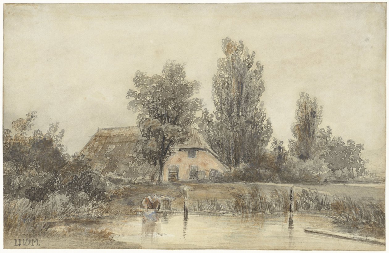 Bauernhof und eine waschende Frau von Jacob Jan van der Maaten