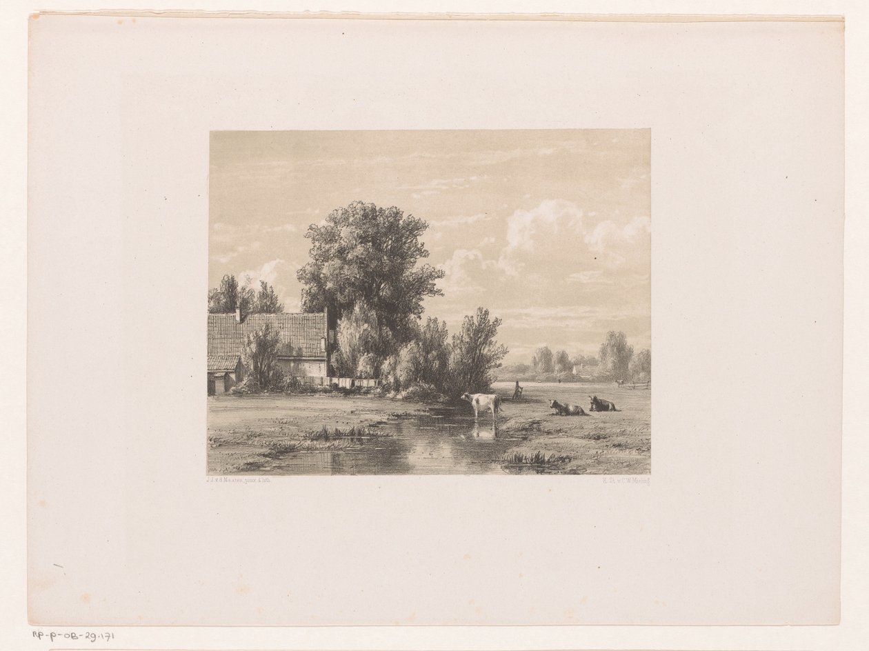 Landschaft mit Bauernhof und Kuh im Wasser von Jacob Jan van der Maaten