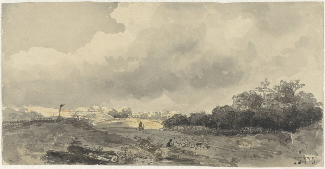 Landschaft mit Schäfer unter schwerer Wolkendecke von Jacob Jan van der Maaten