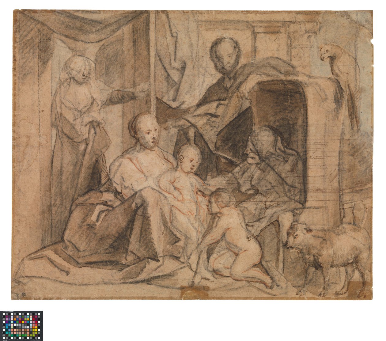 Die Heilige Familie mit Elisabeth und dem Johannesknaben (Rückseite: Tür, Türöffnung und Herme) von Jacob Jordaens