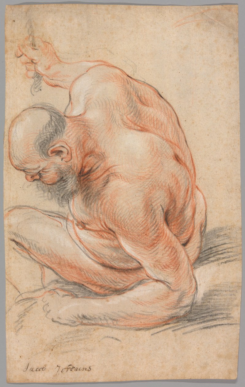 Nackter alter Mann, sitzend, auf seinen Unterarm gestützt, nach links gewandt von Jacob Jordaens