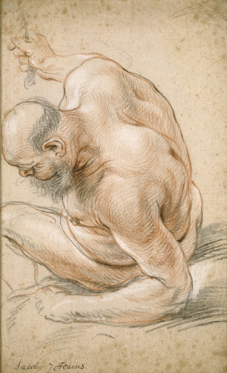 Alter nackter Mann sitzend, auf seinen Unterarm gestützt, nach links gewandt, ca. 1640 von Jacob Jordaens
