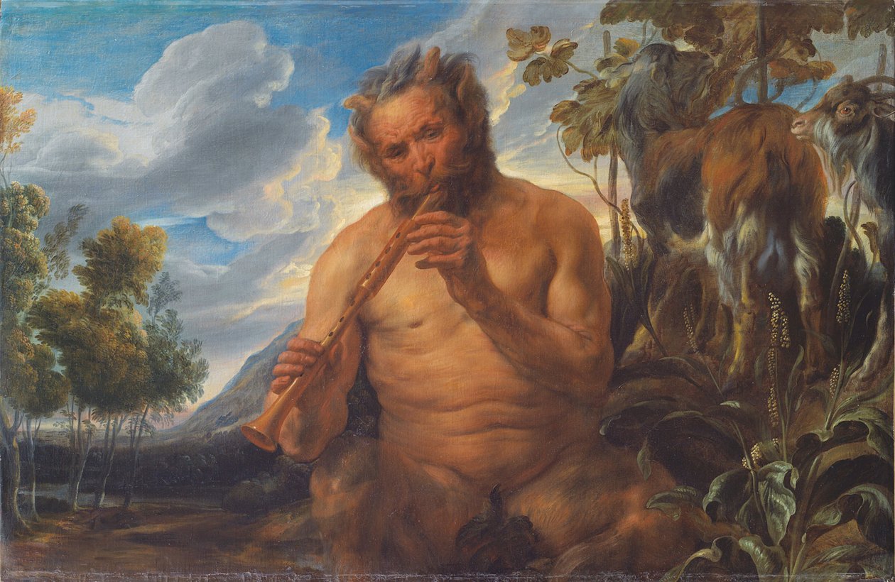 Satyr spielt die Flöte Jupiters Kindheit, ca. 1639 von Jacob Jordaens