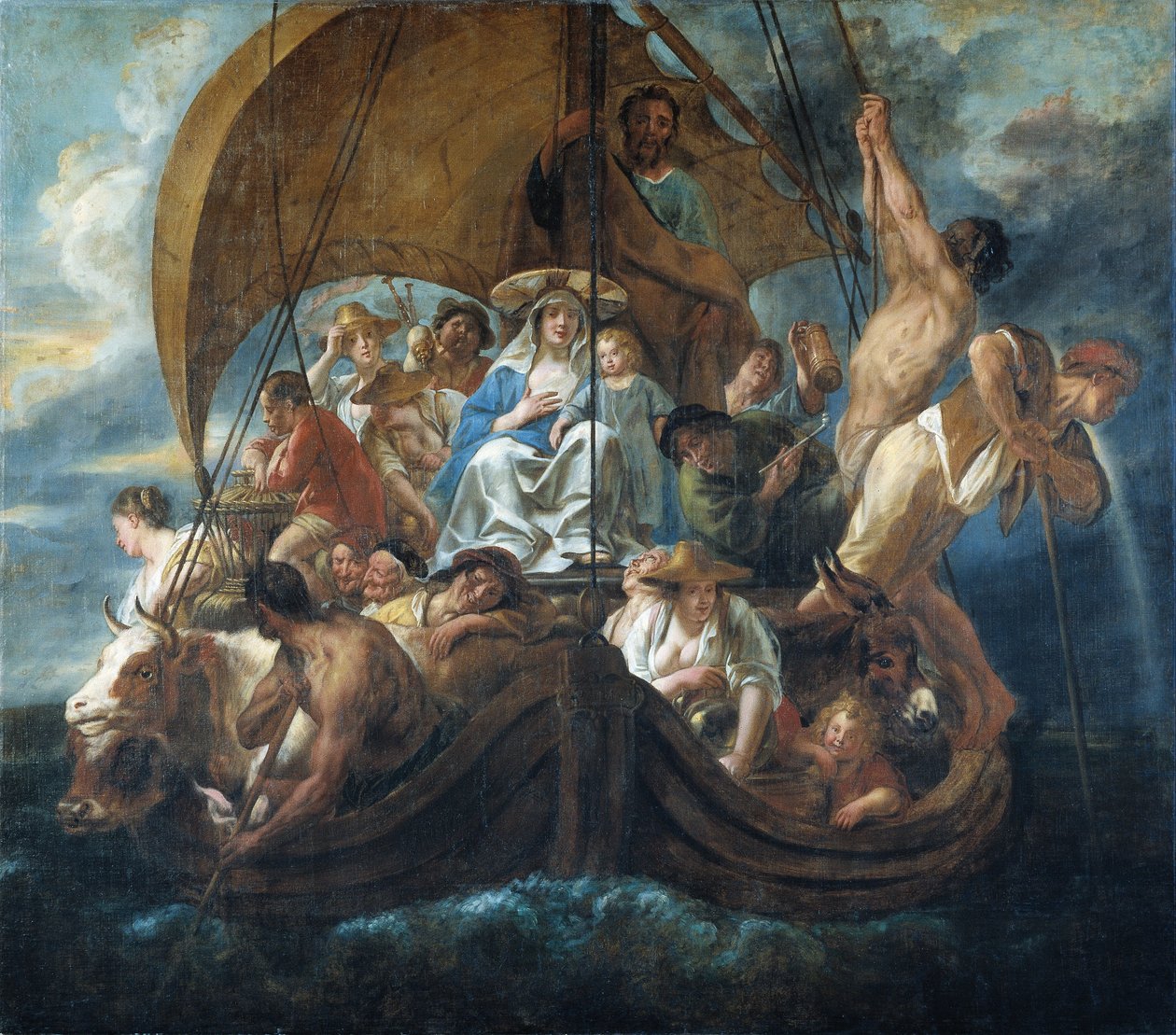 Die Heilige Familie mit verschiedenen Personen und Tieren in einem Boot von Jacob Jordaens
