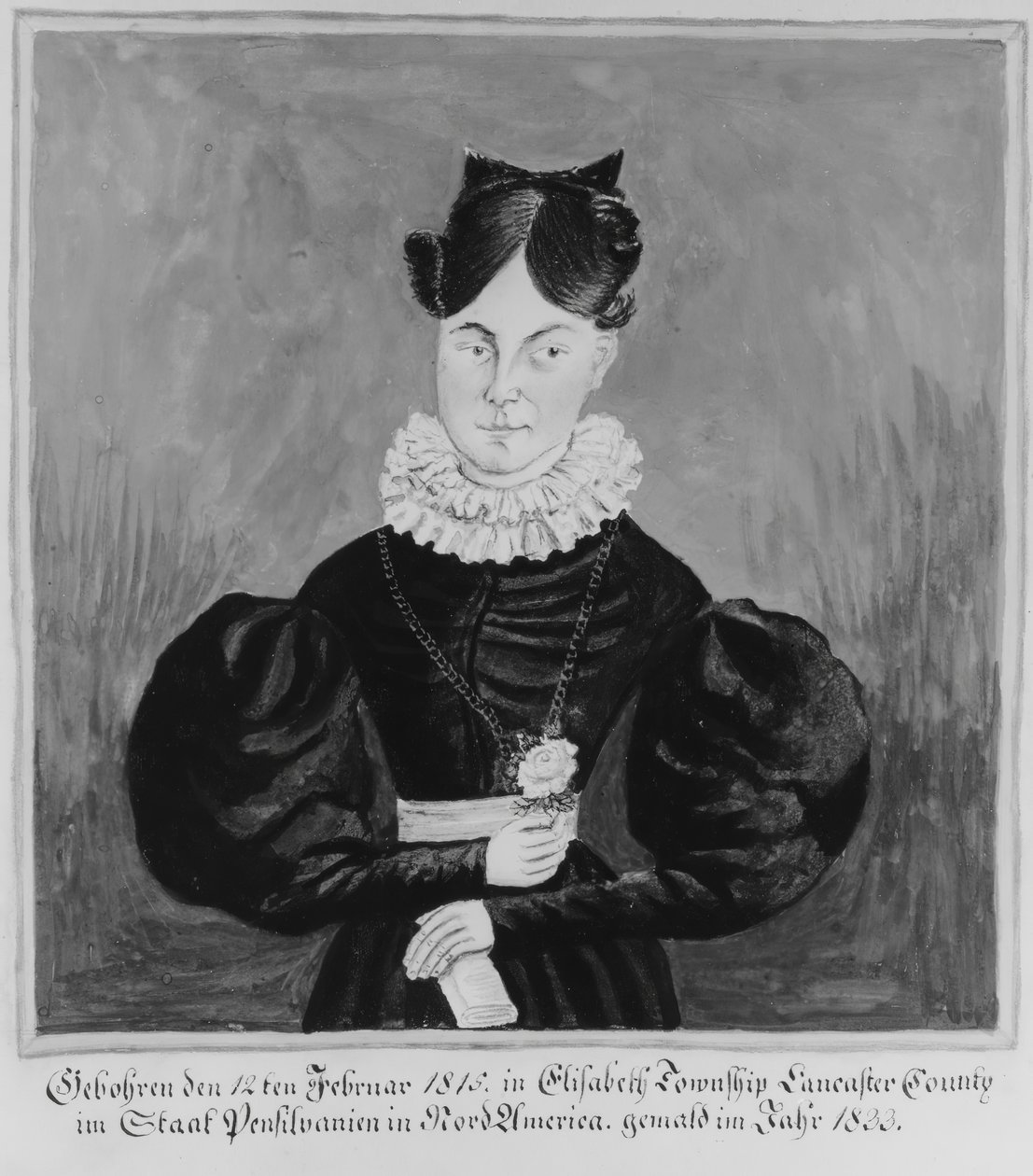 Porträt und Geburtsurkunde von Mahala Wechter von Jacob Maentel