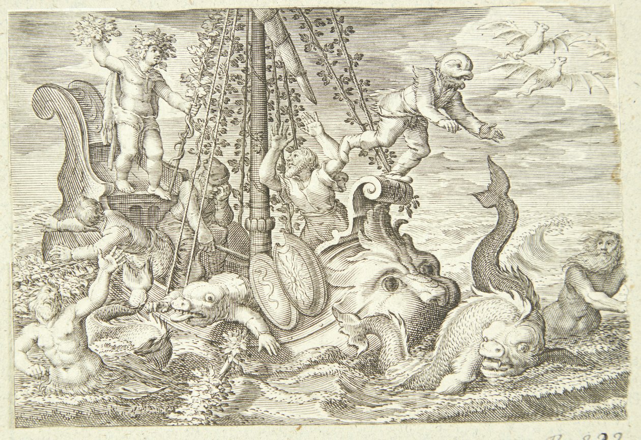 Die tyrrhenischen Seemänner werden in Delfine verwandelt von Jacob Matham