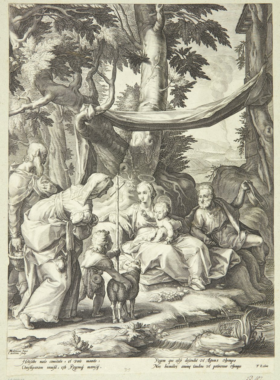 Die heilige Familie sitzend in einer Landschaft mit Elisabeth, Zacharias und Johannes dem Täufer als Kind von Jacob Matham