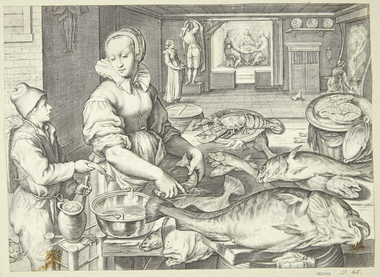 Küchenszene mit einer Küchenmagd, die Fische säubert von Jacob Matham