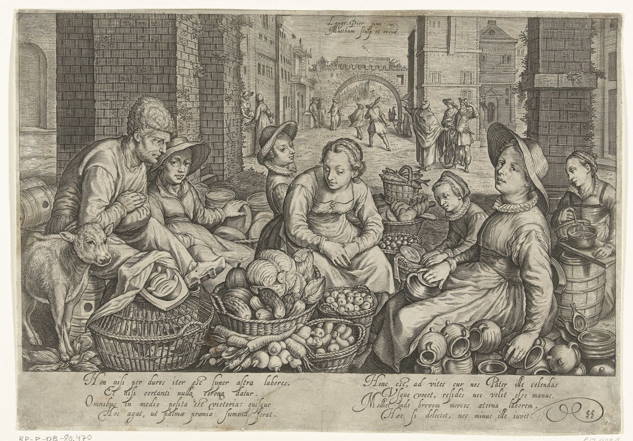 Marktszene mit der Parabel von den Arbeitern im Weinberg im Hintergrund, ca. 1600 von Jacob Matham