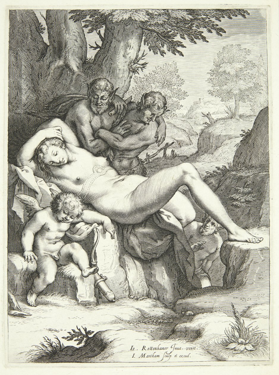 Venus und Amor schlafen und werden von Satyrn beobachtet von Jacob Matham