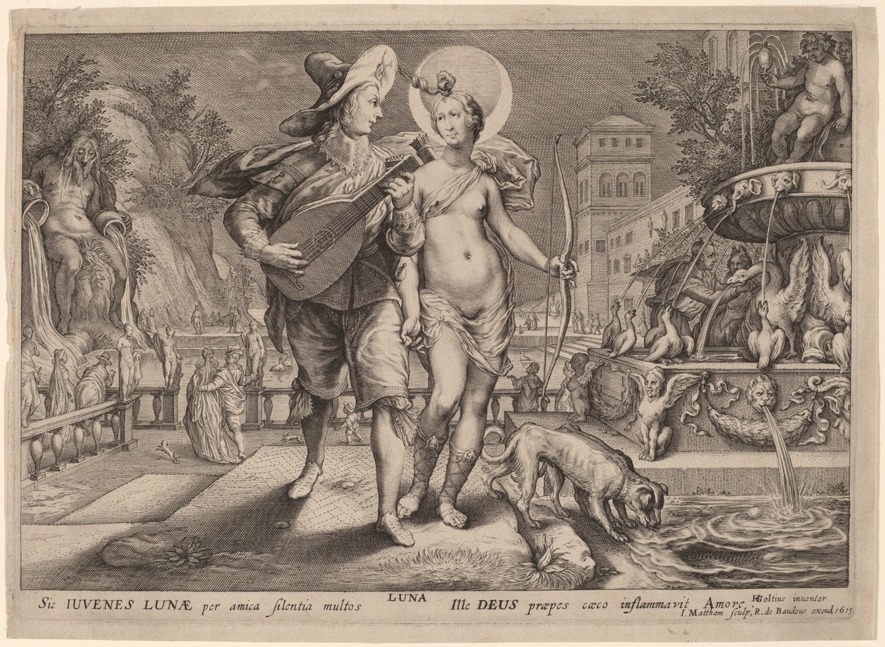 Diana als Luna begleitet einen jungen Mann beim Ständchen von Jacob Matham, after Hendrik Goltzius
