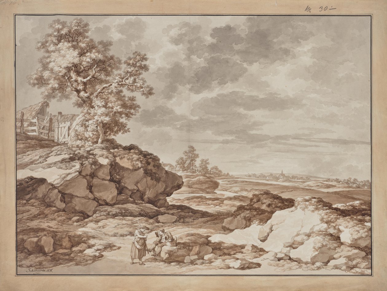 Landschaft mit Dorf und zwei Bauern von Jacob Matthias Schmutzer