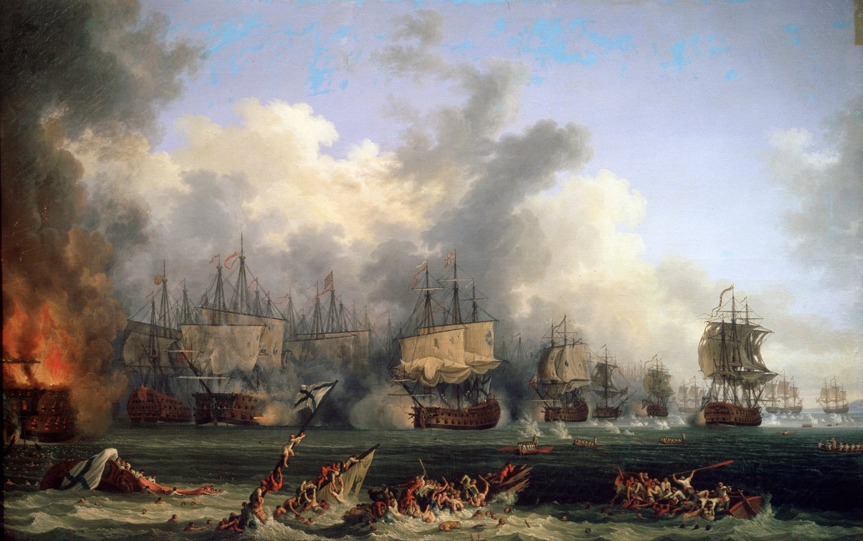 Der Untergang des russischen Schlachtschiffs St. Evstafius in der Seeschlacht von Chesma, 1771 von Jacob Philipp Hackert
