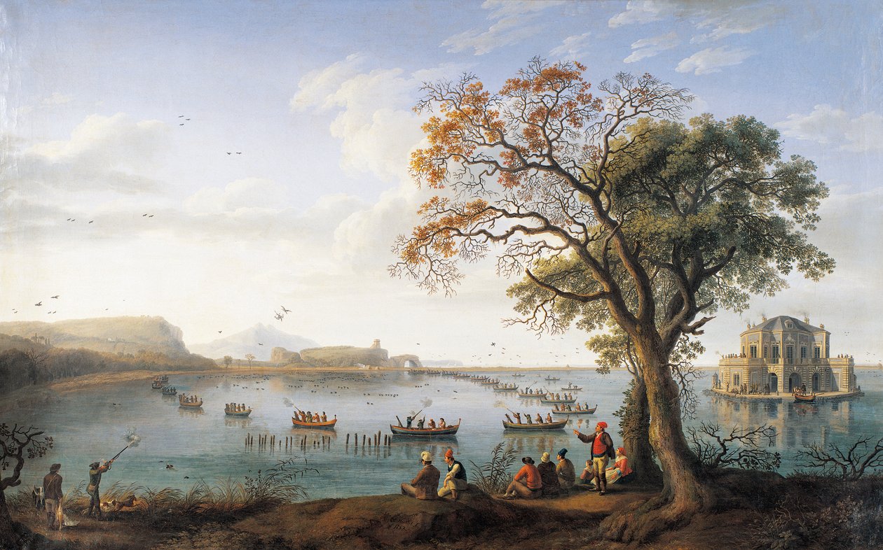 Blässhuhnjagd am See Fusano von Jacob Philippe Hackert