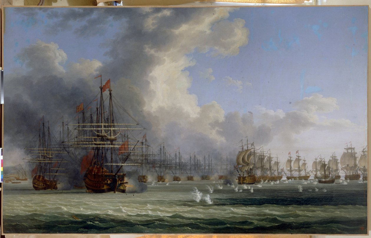 Die Schlacht von Çeşme. Beginn der Kämpfe am 5. Juli 1770 von Jacob-Philippe Hackert