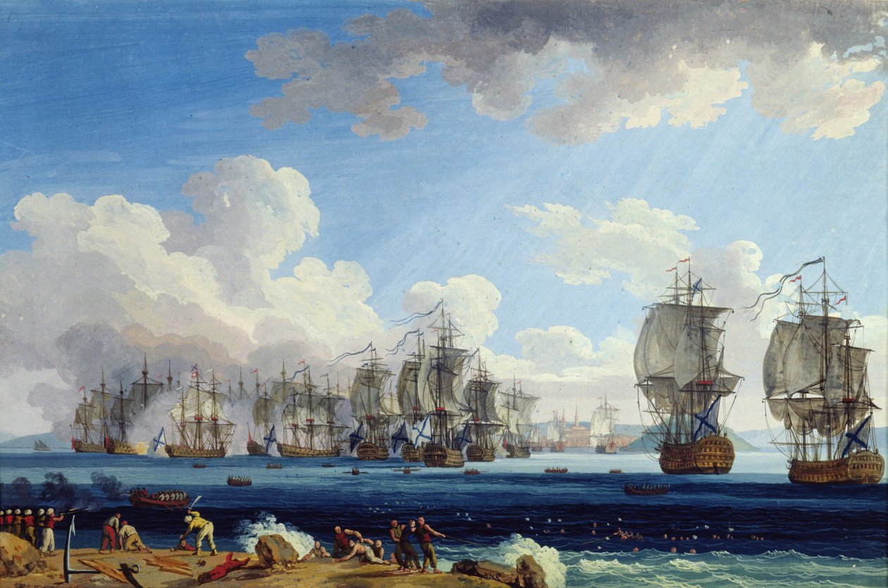 Die Schlacht von Chesma am 5. Juli 1770 von Jacob Philippe Hackert