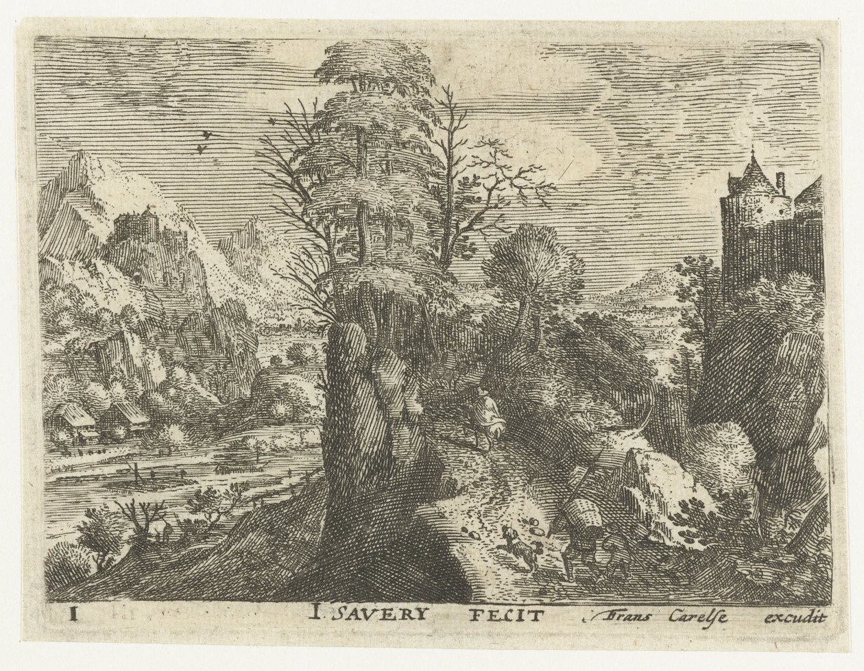 Landschaft mit Reisenden auf steilem Felsen von Jacob Savery (I)