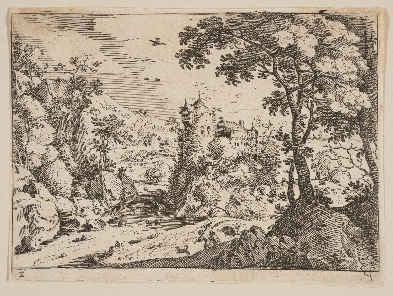 Bach zwischen felsigem Hang und Schloss, aus Landschaften von Jacob Savery I