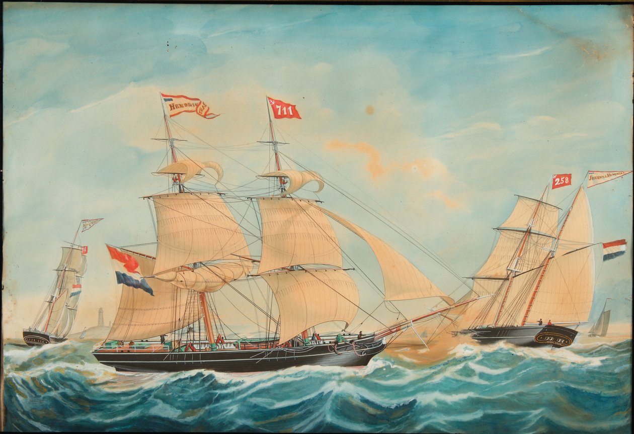 Die Hendrika Bartina und die Johanna Hendrika segeln in Küstennähe, 1852 von Jacob Spin