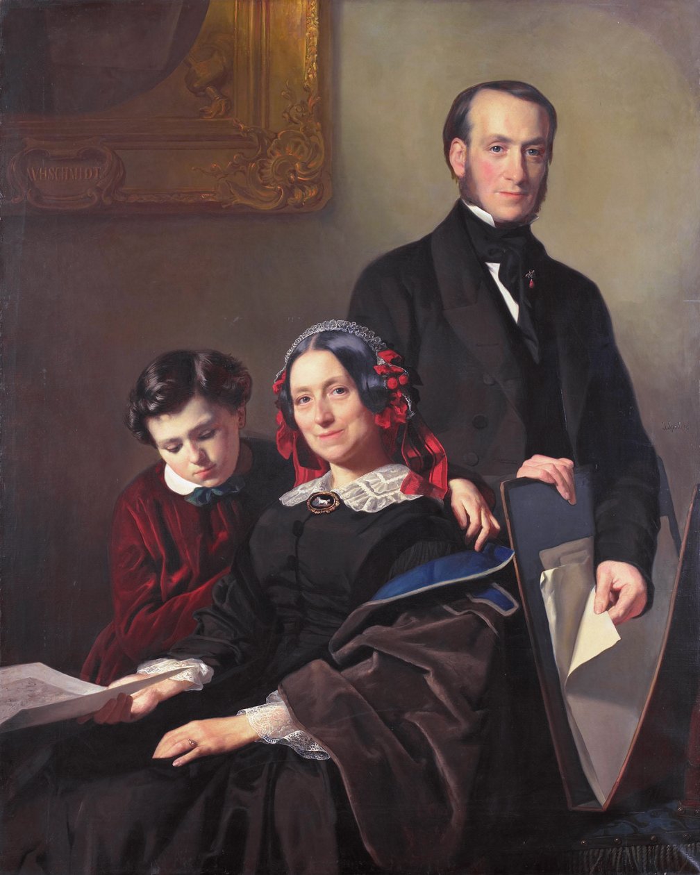 Mevrouw A J Schmidt-Keiser, Witwe des Malers Willem Hendrik Schmidt (1809-49), der Lehrmeister von Jacob Spoel, mit ihrem Bruder J N Keiser und ihrem zehnjährigen Sohn von Jacob Spoel