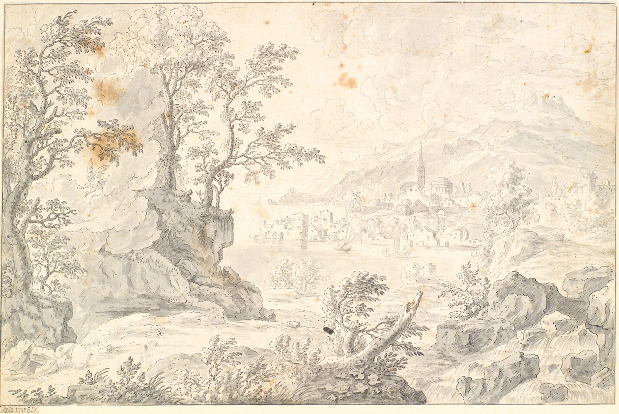 Landschaft mit einer Stadt (Hamburg?) am See oder Meeresblick von Jacob Stockmann