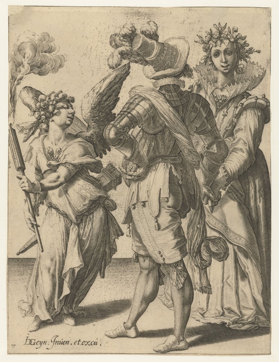 Ein blindfolded Cupido mit einer Fackel vor einem Paar in festlicher Kleidung von Jacob de Gheyn (II) (workshop of)