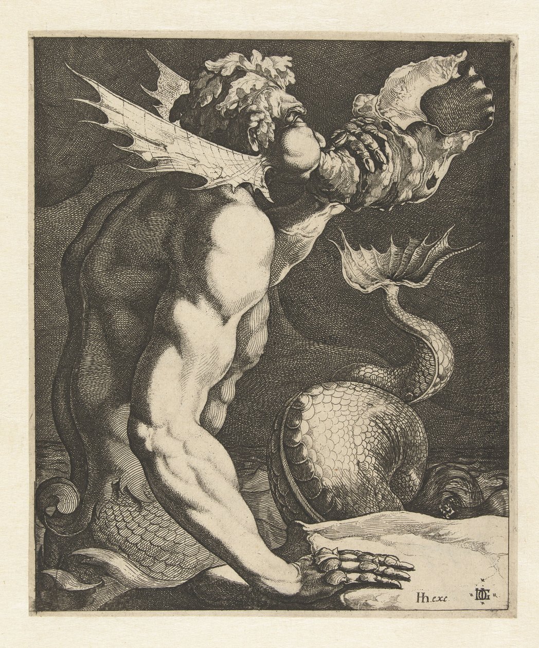 Ein Triton, der auf einer Muschel bläst von Jacob de Gheyn (III)