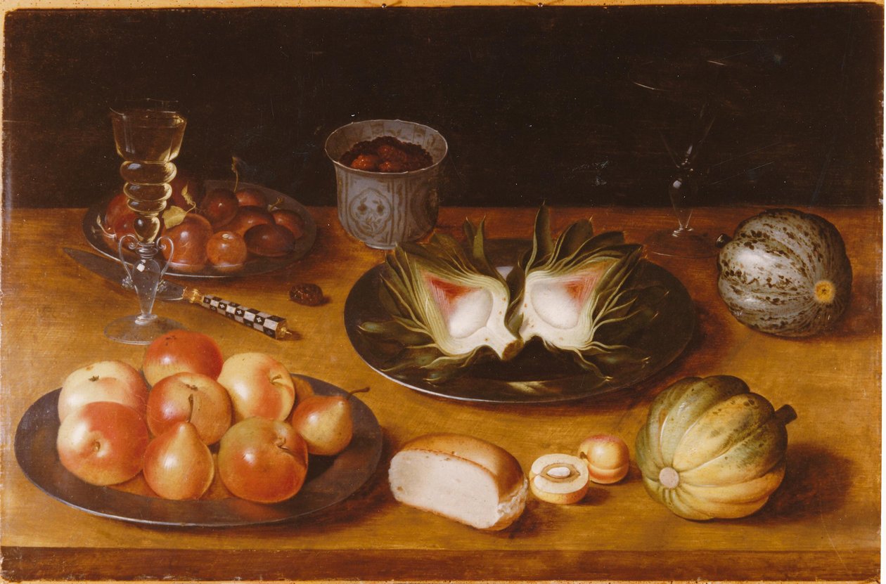Stillleben mit Früchten, Glasarbeiten und einem Brötchen auf einem Holzvorsprung von Jacob de Gheyn II