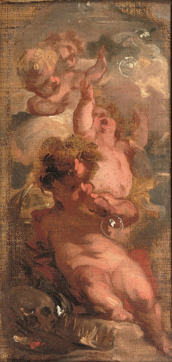 Eine Allegorie der Vergänglichkeit: Vier Putti, die Seifenblasen blasen, ein Schädel, eine Künstlerpalette und eine Krone in der Nähe von Jacob de Wit
