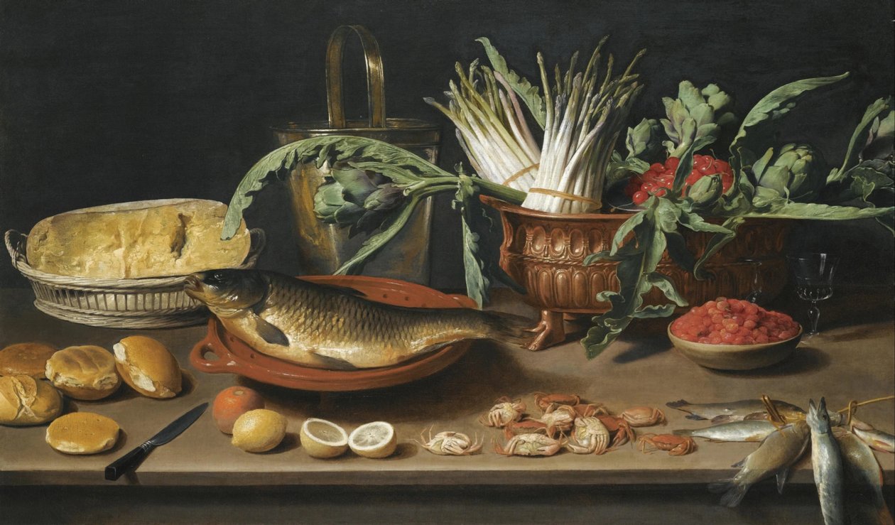Stillleben mit Fisch auf einem Terrakottateller, Spargelbündeln, Artischocken und Kirschen in einer gewellten Schale, zusammen mit einem halben Käse in einem Korb, Brötchen, Walderdbeeren, Zitronen, Orangen und Krabben, die alle auf einem Tisch angeordnet  von Jacob Van Es