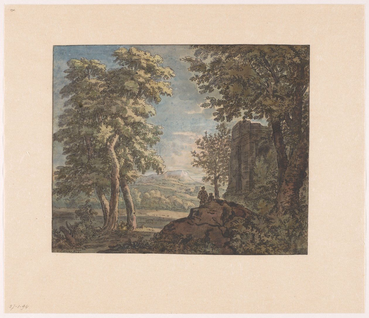Arkadische Landschaft mit antiker Ruine und zwei Männern von Jacob van Liender