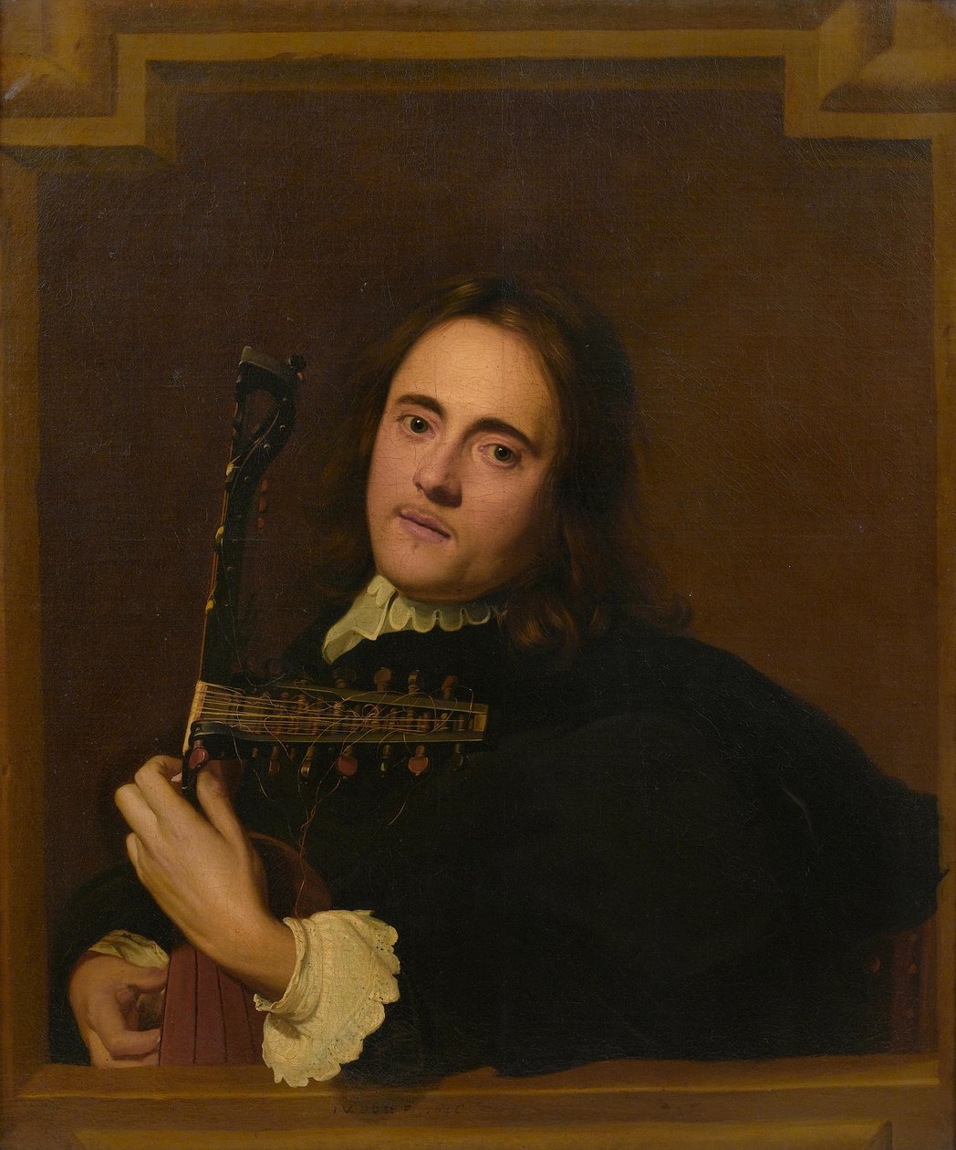 Ein junger Mann an einem Steinfenster spielt eine Theorbo-Laute von Jacob van Oost