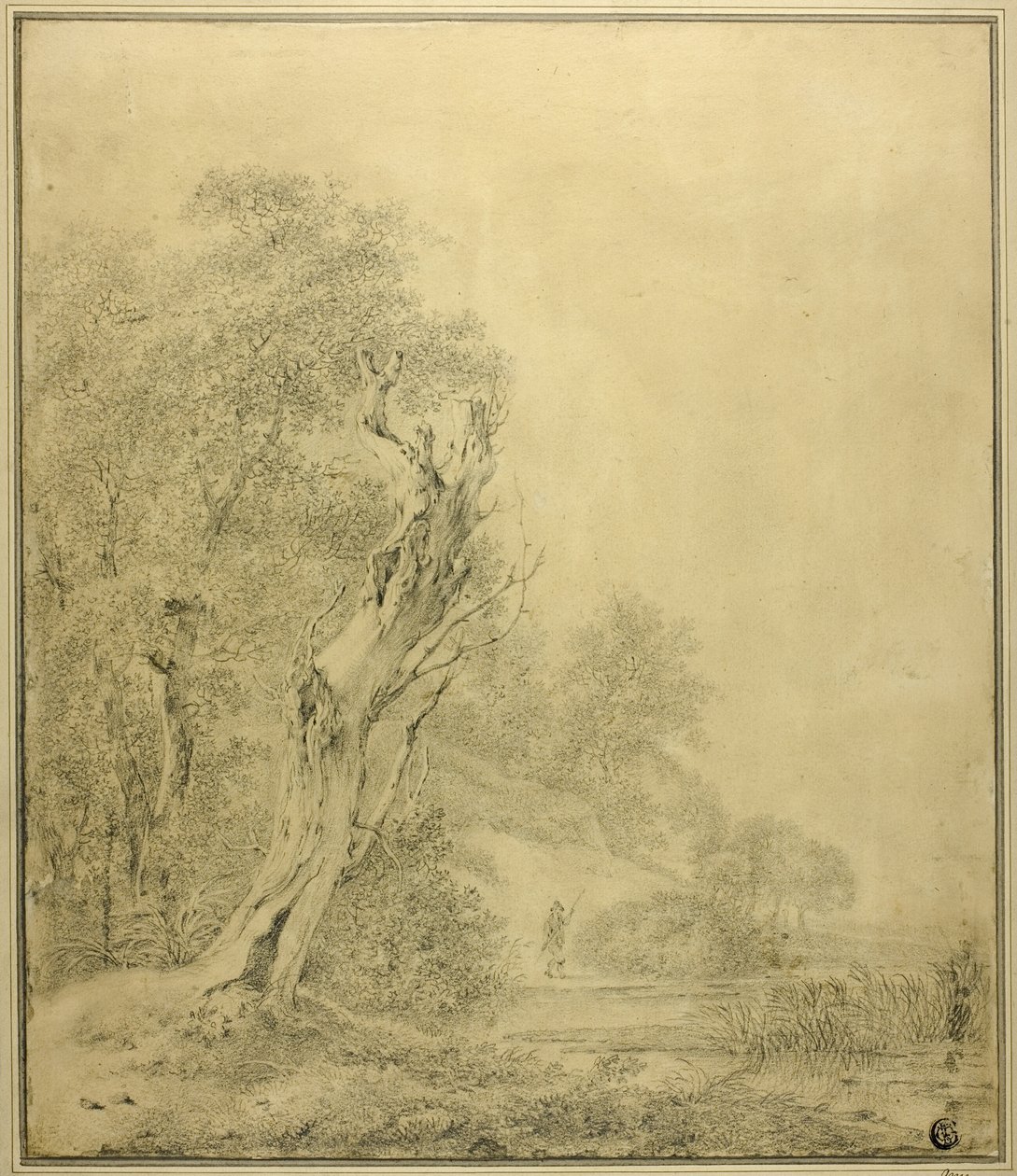Toter Baum am Wasser, Figur nähert sich mit Stange von Jacob van Ruisdael