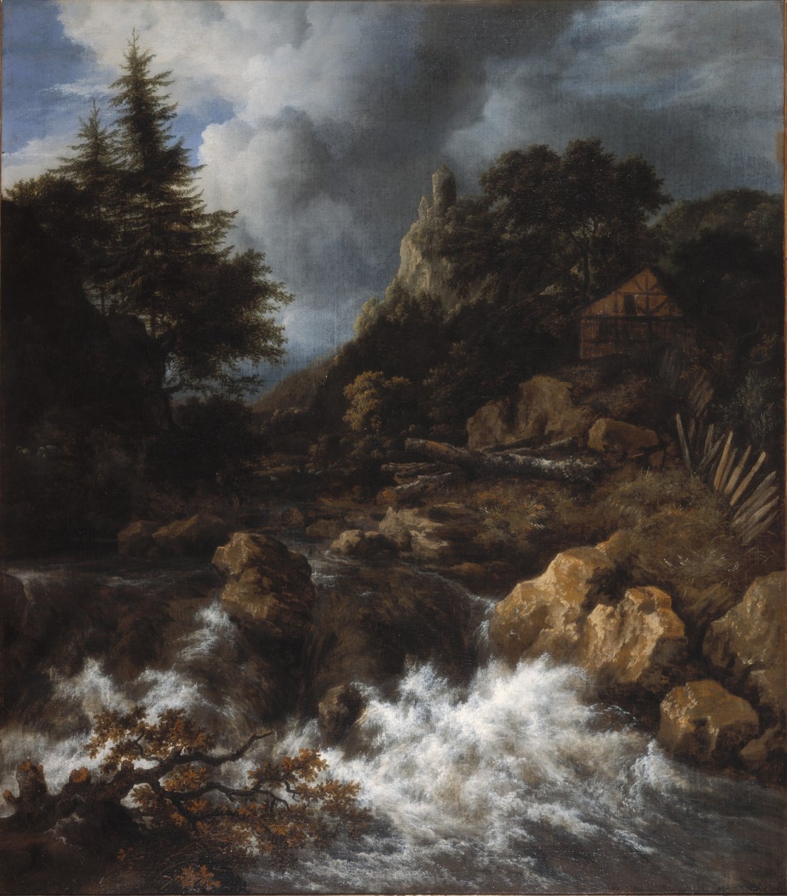 Wasserfall mit einem Fachwerkhaus und einer Burg von Jacob van Ruisdael